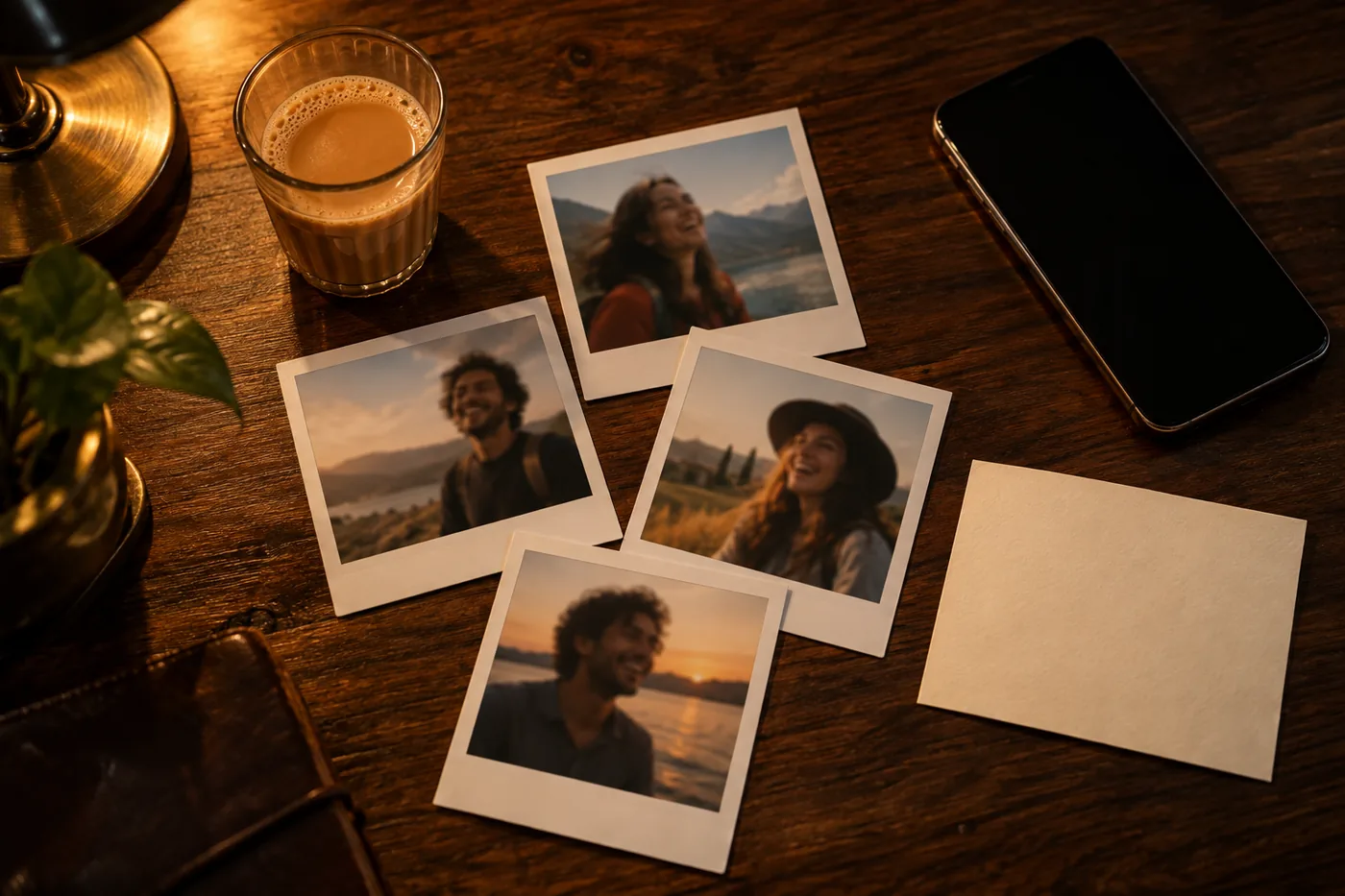 Printed photos, a phone and a glass of chai on a desk