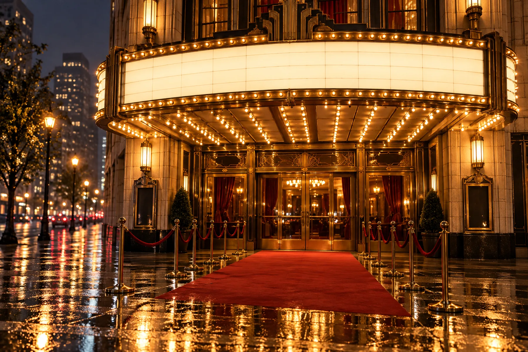 A cinema marquee and red carpet at night
