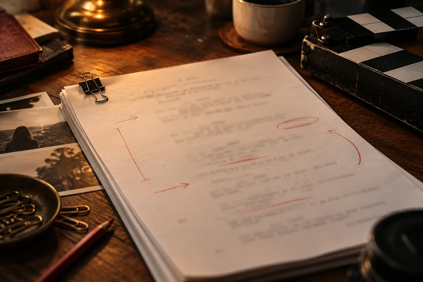 A marked-up screenplay beside a clapperboard